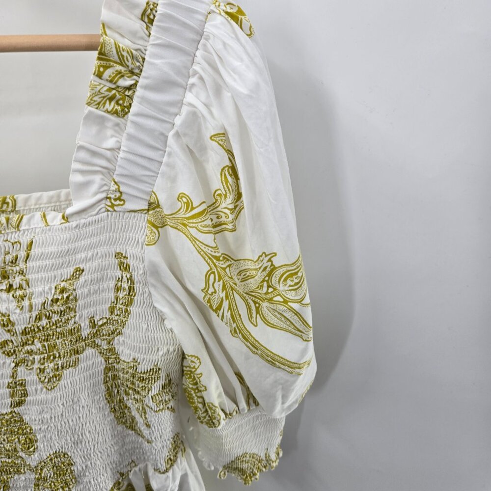 MSK White Gold Smocked 100% Cotton Made in India Puff Sleeved Blouse Medium - Picture 3 of 13